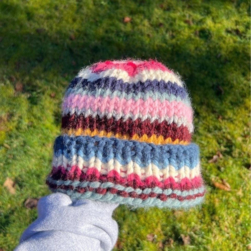 Patchwork Hand Knit Chunky Beanie Folded Brim Unisex One Size
